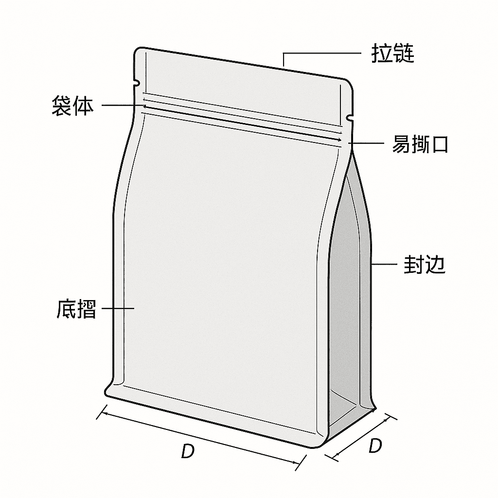 自立袋结构示意：袋体、底褶、封边与易撕口