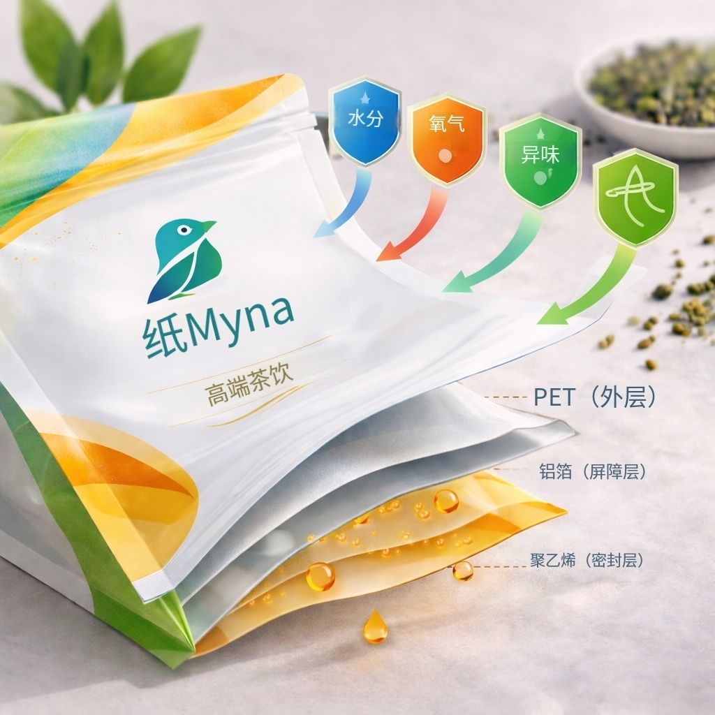 茶叶复合膜结构与阻隔层细节示意图