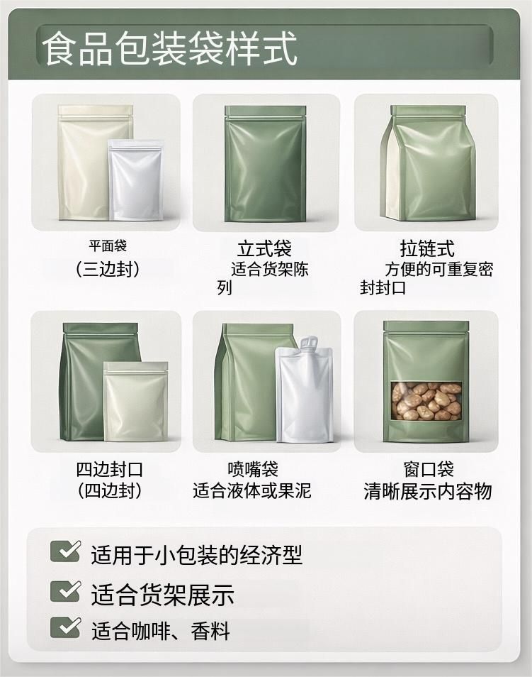 软包装袋型示意：三边封、自立袋、八边封、吸嘴袋等