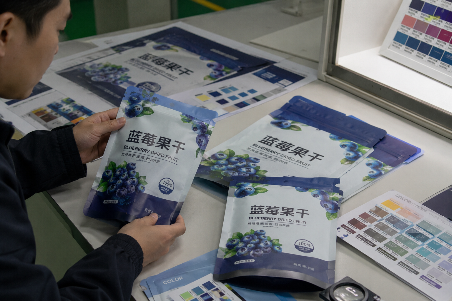 工作人员在标准光源下对比包装袋印刷样品和设计色样