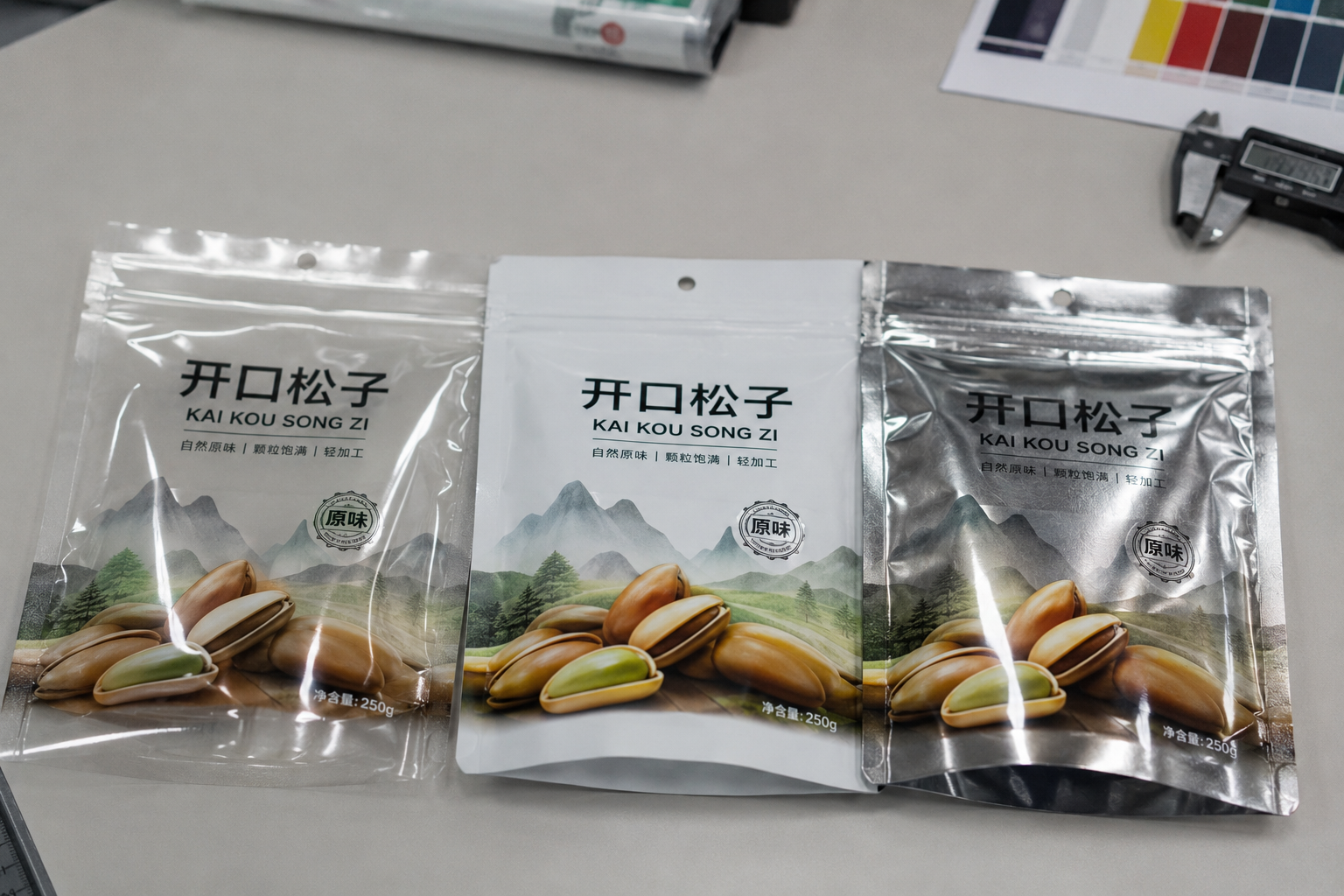 同一包装图案印刷在透明膜白膜和镀铝膜上的颜色效果对比